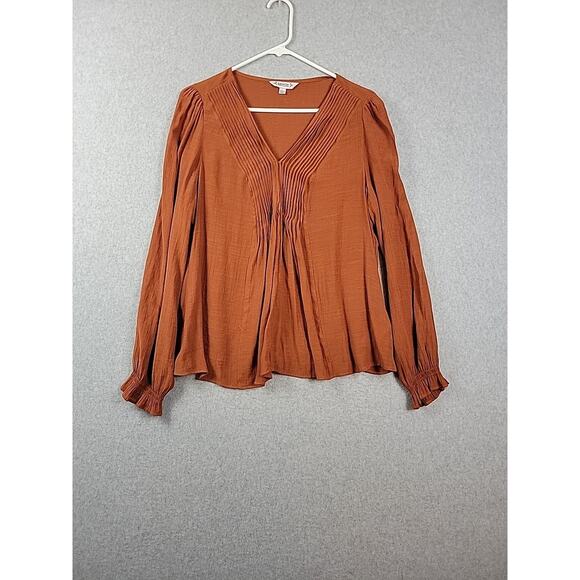 Nanette Lepore Burnt Orange LS V Neck Pleated Boho Peasant Blouse Women's Large - Picture 1 of 12